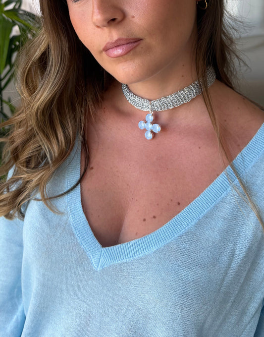 Chocker Plateado Cruz Celeste